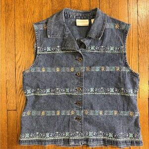 Alfred Dunner Vest Blue Denim Collared Button Front Embroidered Grandmacore